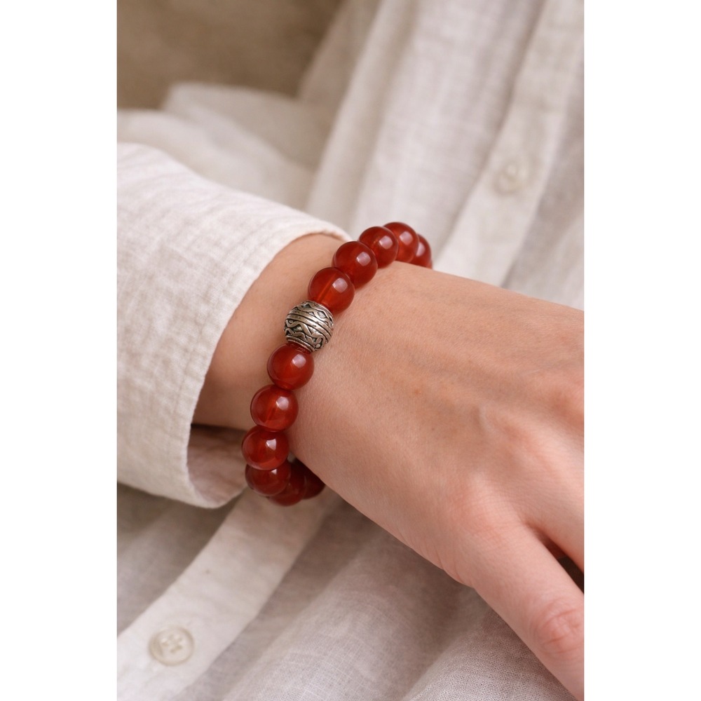 Carnelian Agate Beaded‎ Stretch Bracelet Red Orange Gemstone Silver Bead 7in